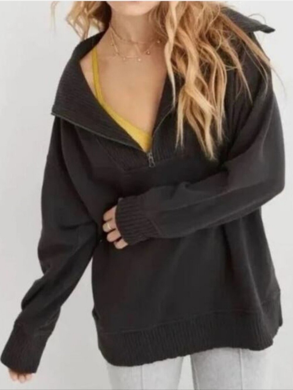 Aerie Down To Earth Gray Oversized Quarter Zip Sweatshirt